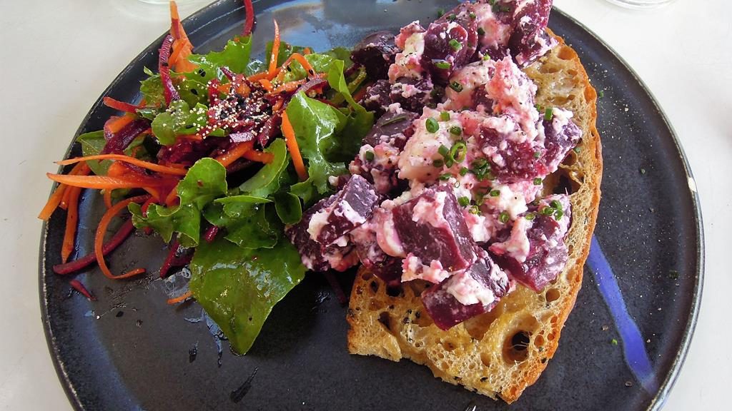 My lunch: beetroot & feta on toasted bread & fresh salad