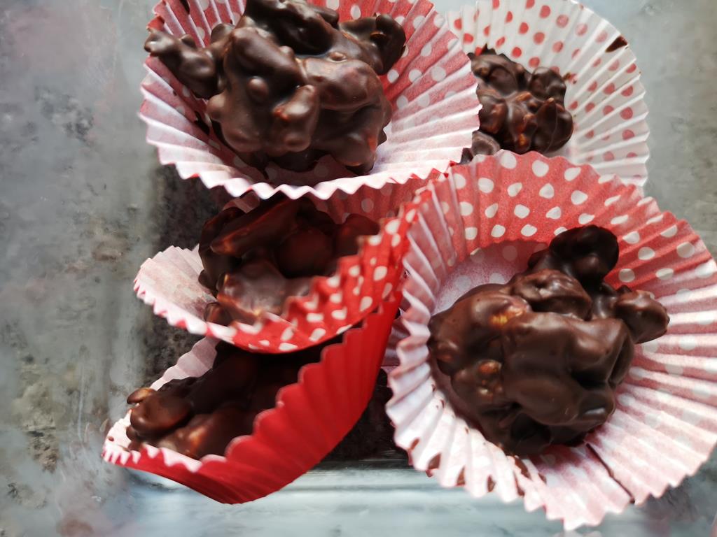 Nuts & raisins covered with left over chocolate. Yum!