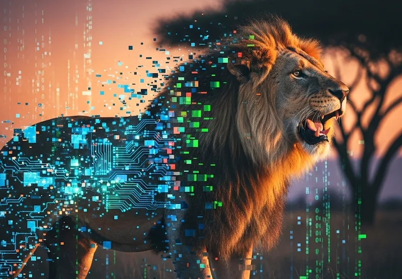 Digital artwork of a lion whose face and mane gradually dissolve into glowing pixels and circuit-like patterns, symbolising the fusion of nature and artificial intelligence.